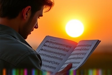 Person reviewing music score with sunrise background